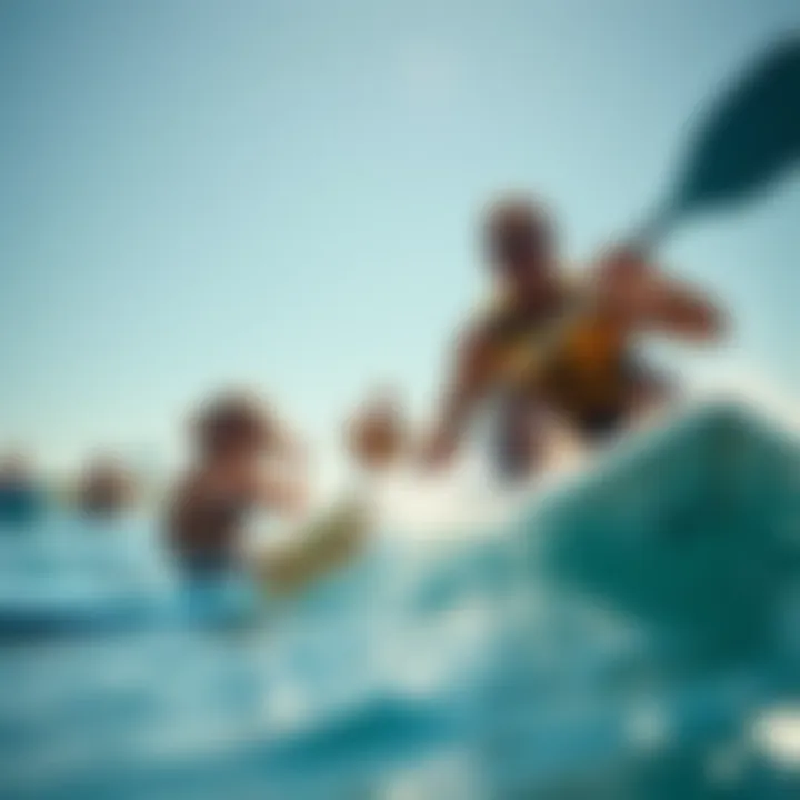 Enthusiasts engaging in various water sports like kayaking, paddleboarding, and surfing on a sunny day.