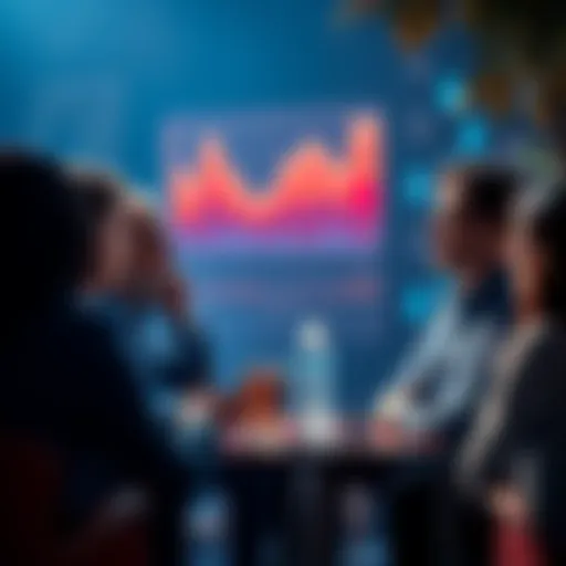 A group of people discussing environmental impact, with charts and water symbols in the background.