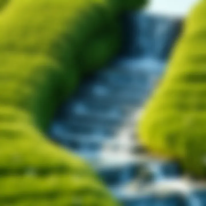 A visual of waterfall tiles applied to elevated grassy terrain, showing the transition from tiles to grass.