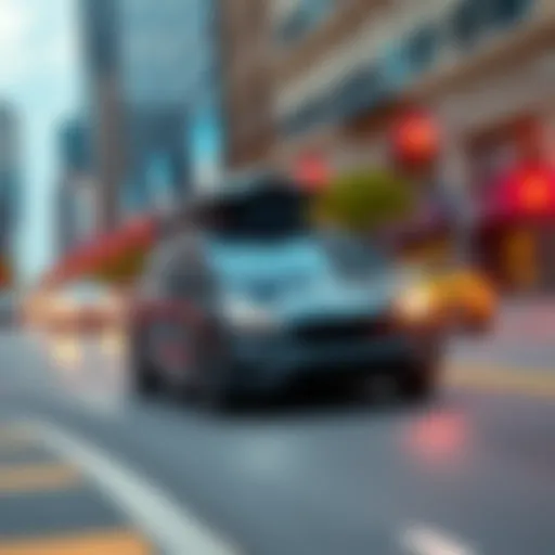 A Waymo self-driving car driving on a busy city street, showcasing advanced technology in action and emphasizing vehicle safety.