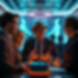 A group of wealthy people in business attire discussing AI technology, with a backdrop of luxury and modern technology, highlighting economic disparity.