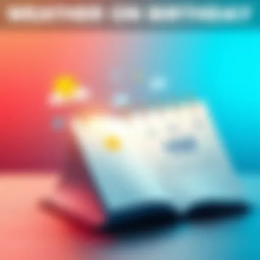 A graphic showing different weather icons representing various conditions, such as sun, rain, and clouds, with a calendar page flipped to a specific date, symbolizing the search for birthday weather d...