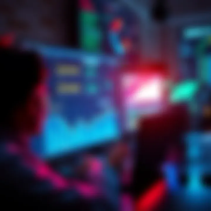 A person working on a computer, analyzing multiple domain names on the screen with visual graphs and data charts around them.