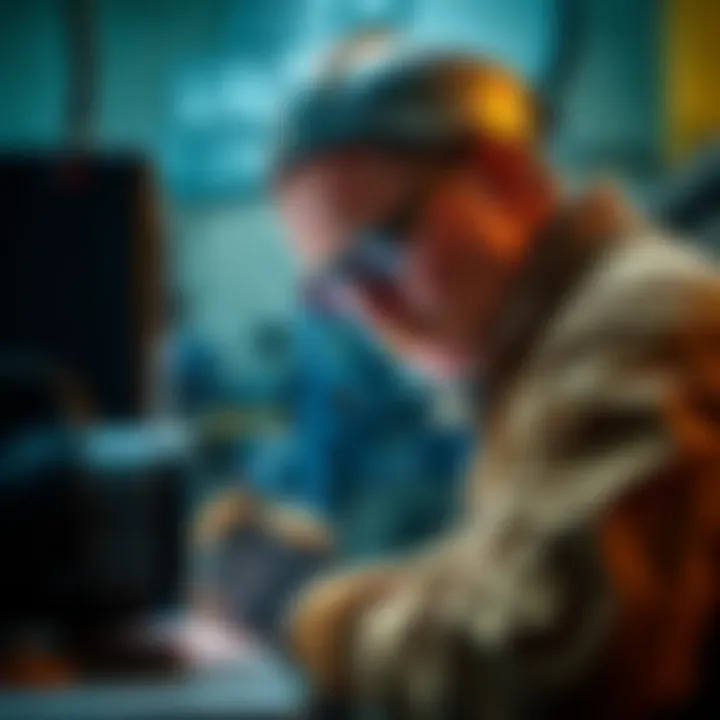 A welder looks puzzled at a welding machine with a missing sleeve in a project