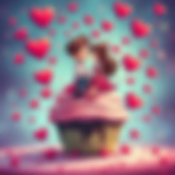 A colorful and quirky cover design featuring a cartoon couple on a giant cupcake, surrounded by floating hearts and sparkles.