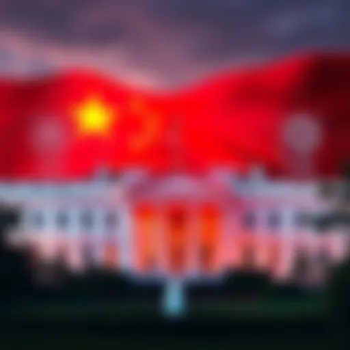The White House building with a backdrop of the Chinese flag and symbols of technology, representing the accusation of AI theft.