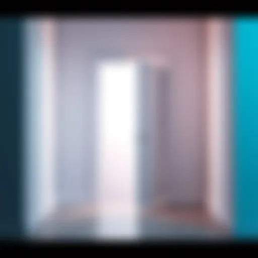 A white door standing open, symbolizing new beginnings and opportunities, with a soft light illuminating the interior space.