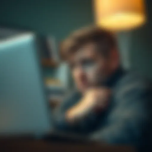 A person looking disappointed while browsing Wikipedia on a laptop with a worried expression.