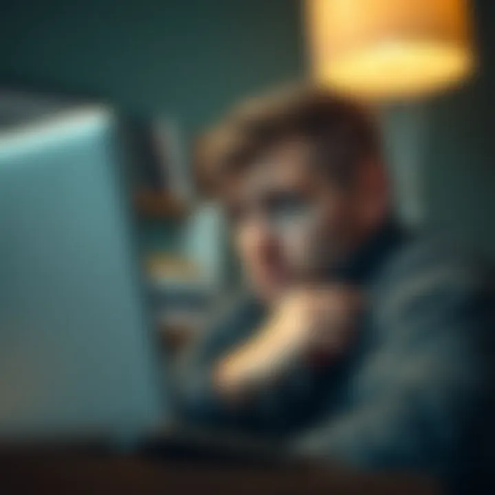 A person looking disappointed while browsing Wikipedia on a laptop with a worried expression.