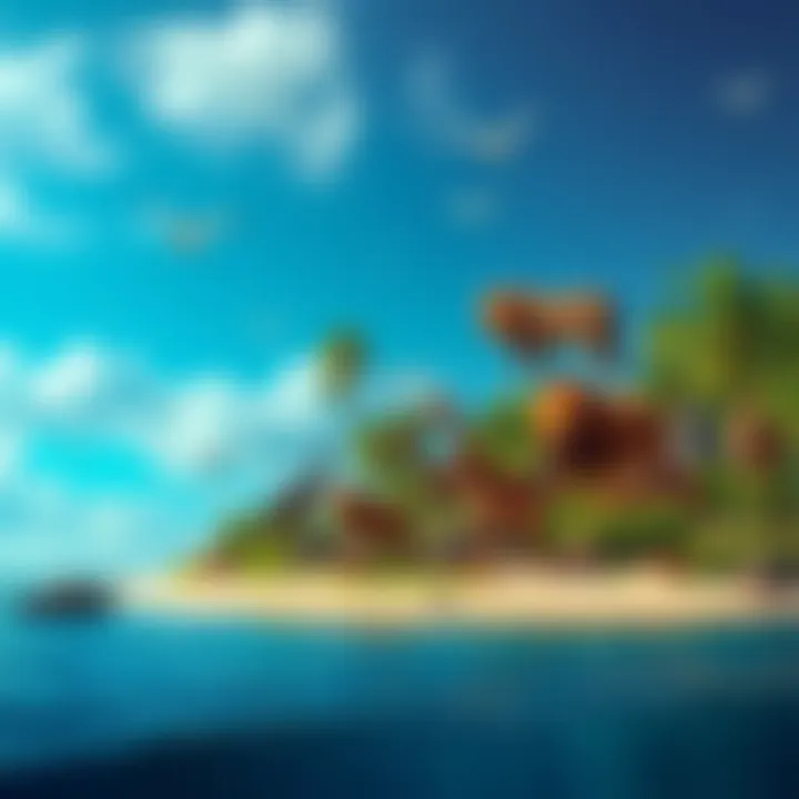 An interactive scene showing various animals in their natural habitat on a tropical island, showcasing a vibrant and lively ecosystem.