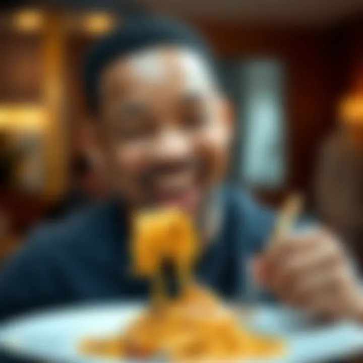Will Smith smiling while eating a plate of spaghetti, showcasing his joyful personality.