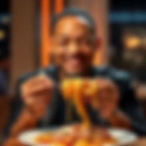Will Smith enjoying a plate of spaghetti with a joyful expression, showcasing a light-hearted moment