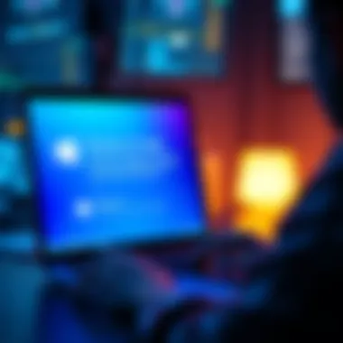 A person using a laptop showing the Windows 10 update screen with performance enhancements displayed