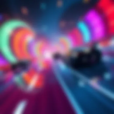 A vibrant scene from a Wipeout-style game showing futuristic racing vehicles on a colorful track, with dynamic camera angles and impressive lighting effects.