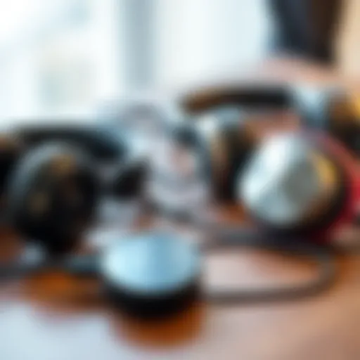 A close-up of several wired headphones on a wooden table, showing their design and features.