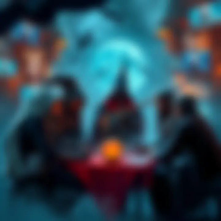 A group of witch hunters surrounded by game-related imagery, debating the role of AI in their discussions