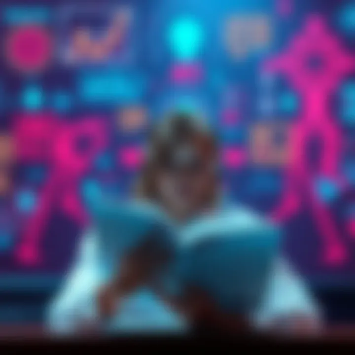 A person reading a debate guide with AI-themed graphics around them, highlighting key points and critiques.