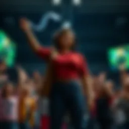 A confident woman stands proudly, symbolizing dedication and community spirit, surrounded by supportive people cheering her on.