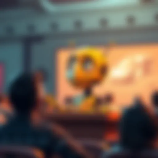 Witty, a speaker with a confident expression, discusses AI issues in a lively forum setting with an attentive audience.