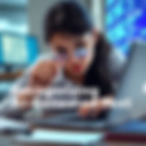 A woman examining text on her laptop, looking for signs of AI generation in writing