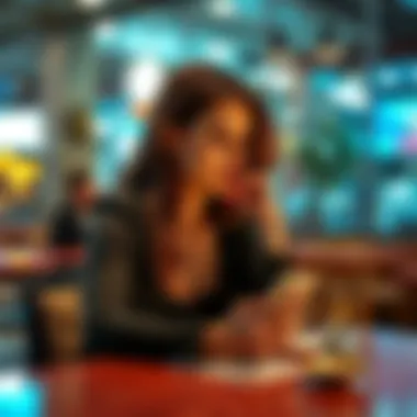 A woman sitting at a cafe table looking thoughtfully at a phone, pondering dating options