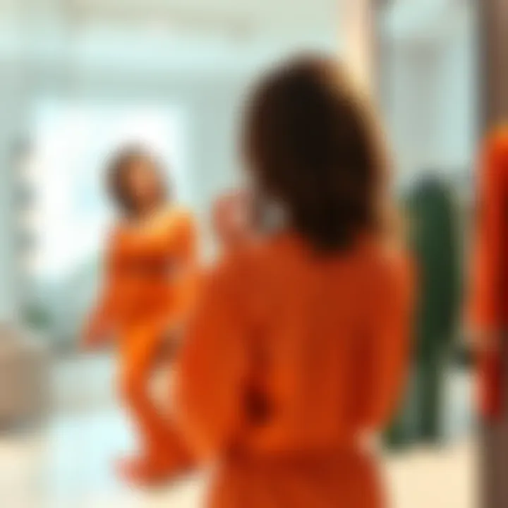 A woman experimenting with different outfits in a bright room, reflecting on her style choices for 2025