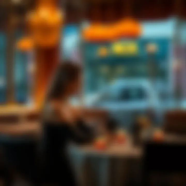 A woman sits at a table in a cozy restaurant, enjoying a meal and surrounded by soft lighting and elegant decor, creating a romantic atmosphere.