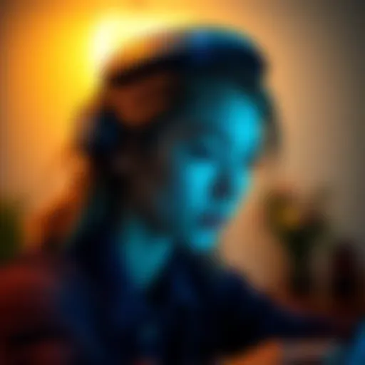 A woman with a transcranial magnetic stimulation device on her head, focusing on a task with a calm expression. She is in a cozy room with soft lighting, showcasing improved mental clarity