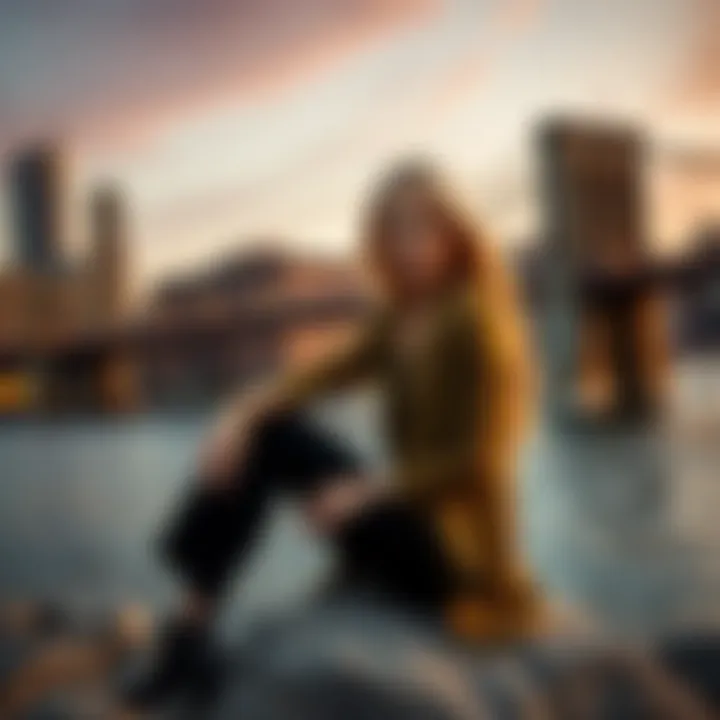 A middle-aged blonde woman sitting on a rock under the Brooklyn Bridge, showcasing her elegance and beauty.