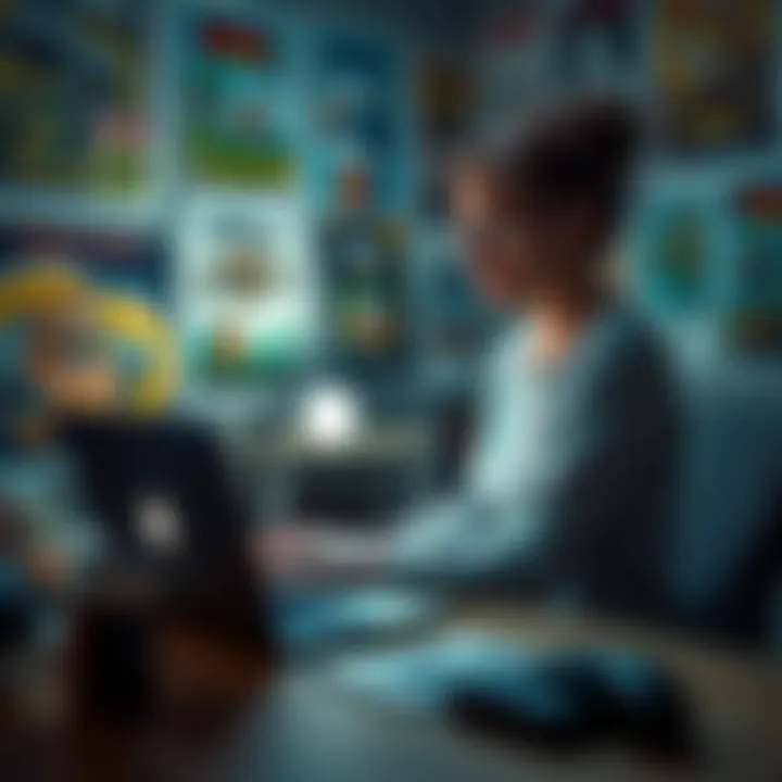 A 33-year-old woman sits at a desk, focused on coding on her laptop, surrounded by indie game posters and gaming memorabilia.