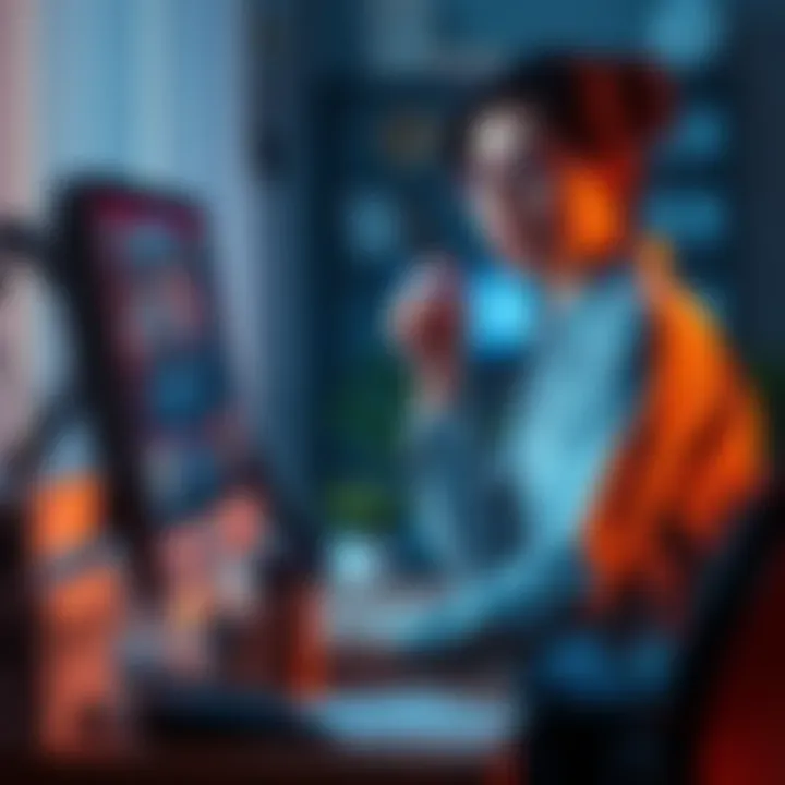 A woman sitting at a desk, looking concerned while chatting on her computer, suspecting that her aunt's online match is not a real person.