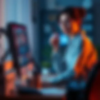 Woman on Computer A woman sitting at a desk, looking concerned while chatting on her computer, suspecting that her aunt's online match is not a real person.