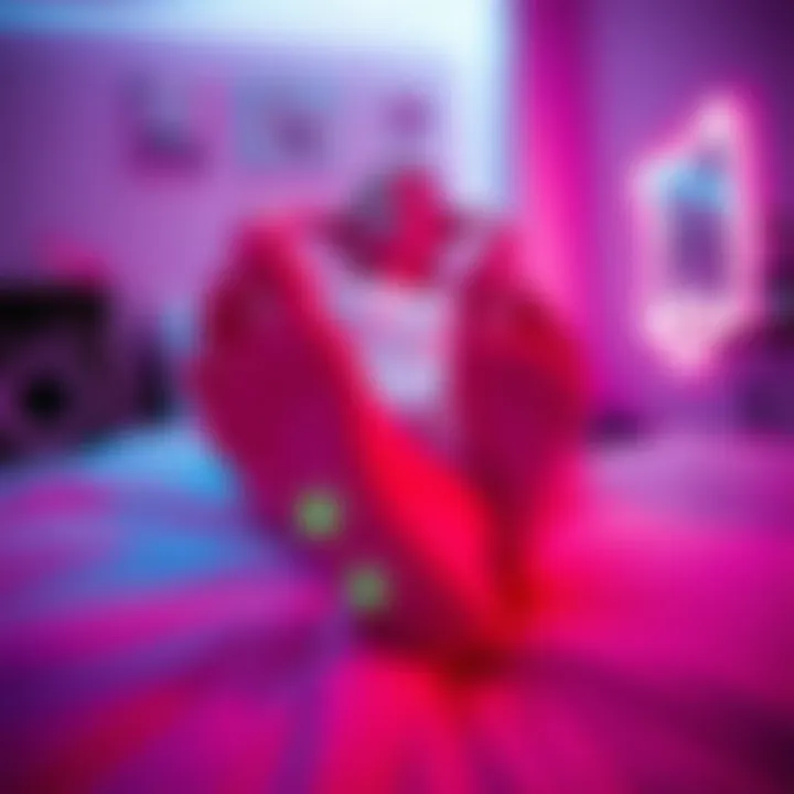 A woman lounges in a neon-lit bedroom, focusing on her feet adorned with cybernetic makeup, captured from a low angle.