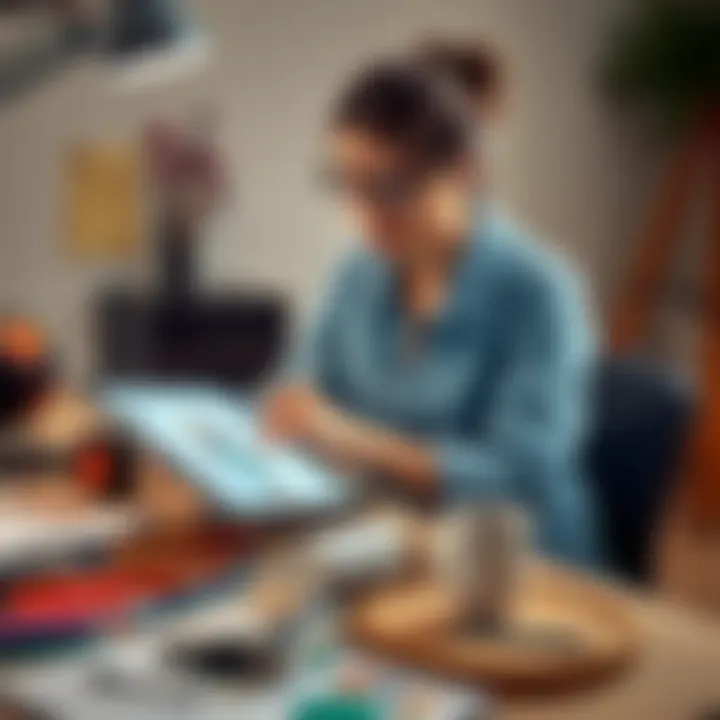 A 30-year-old woman sitting at a desk, sketching a colorful character design on a tablet, surrounded by art supplies and references.