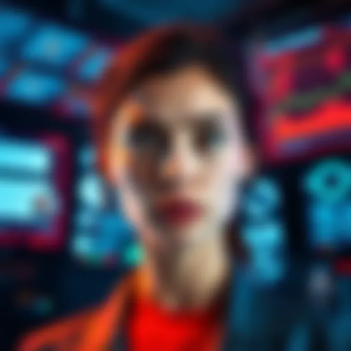 A woman with a questioning expression, surrounded by digital screens displaying AI community discussions, indicating tensions and suspicions.