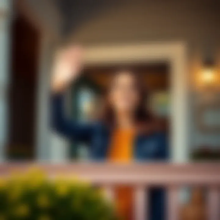 A friendly woman smiling and waving from her porch, showcasing neighborly interaction