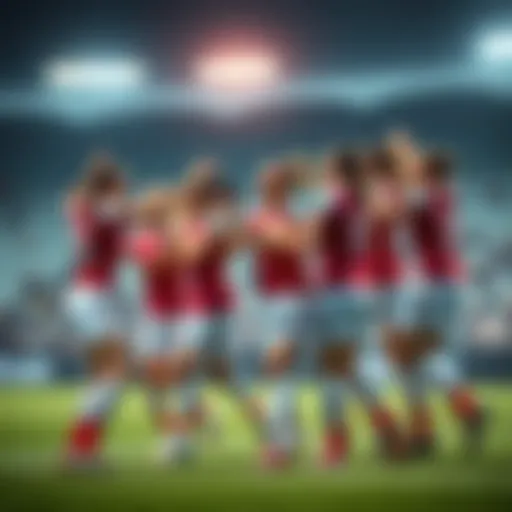 A group of female football players celebrating joyfully on the field after scoring a goal, showing excitement and unity.