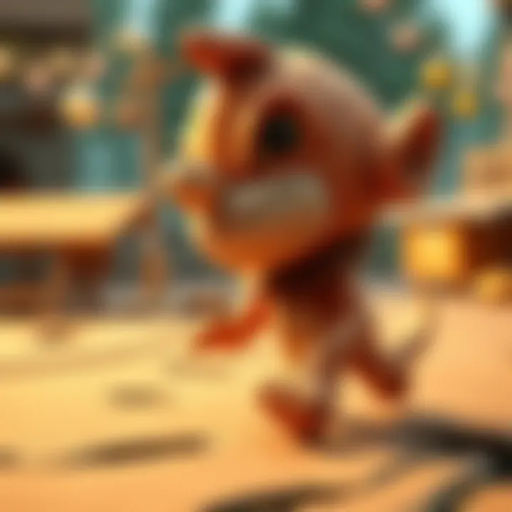 A vibrant scene of a wood-carved character in motion, created using Blender, showcasing intricate details and textures.