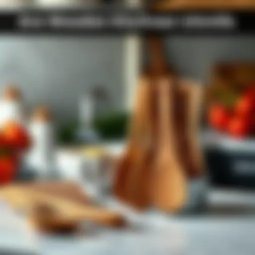 A collection of wooden kitchen utensils including spatulas and spoons on a kitchen countertop, with a bowl and vegetables in the background.