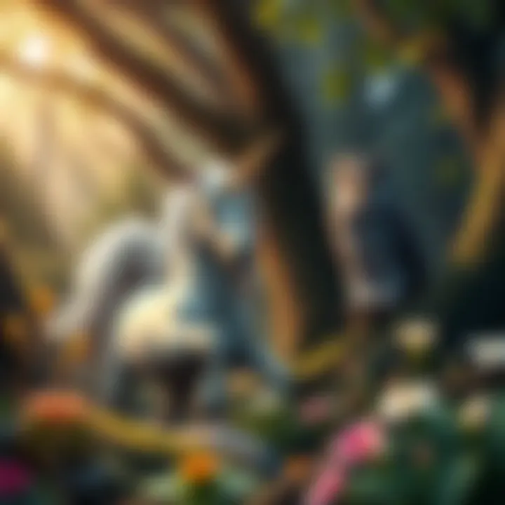 A variety of woodland creatures from Dungeons and Dragons, including a unicorn, a forest sprite, and a wise owl, surrounded by lush trees and flowers.