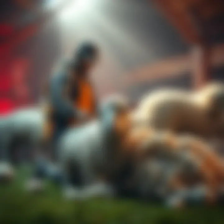 A player character shearing a sheep in a virtual game environment, with wool piling up beside them.