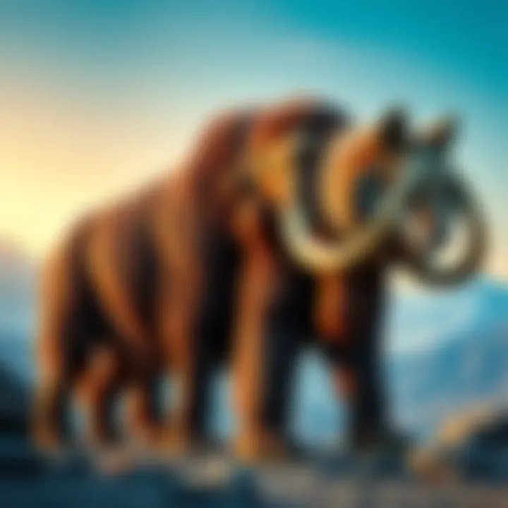 A woolly mammoth and a dire wolf standing together in a modern setting, representing the concept of de-extinction.
