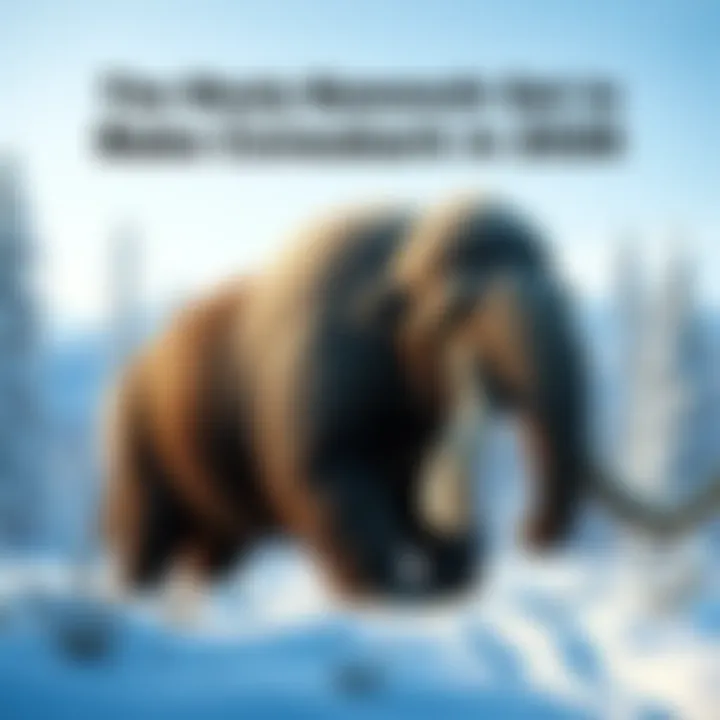 A woolly mammoth standing in a snowy landscape surrounded by trees, showcasing its long tusks and thick fur.