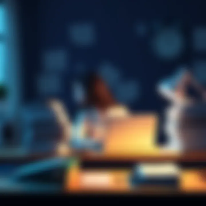 A person sitting at a desk with a laptop, stacks of paperwork, and a clock showing late hours, balancing work and personal life.