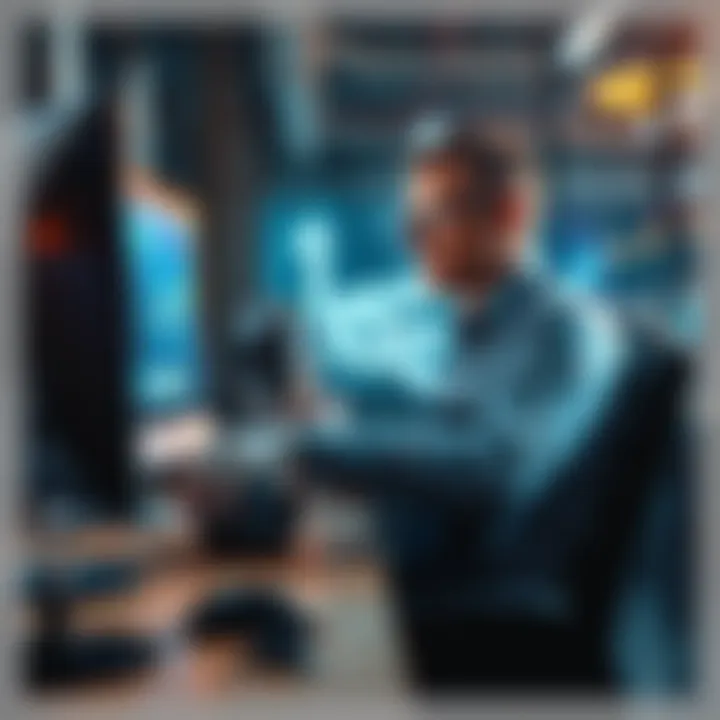 A worker sits at a desk with a computer, engaging with AI tools while looking thoughtful about their reliance on technology.