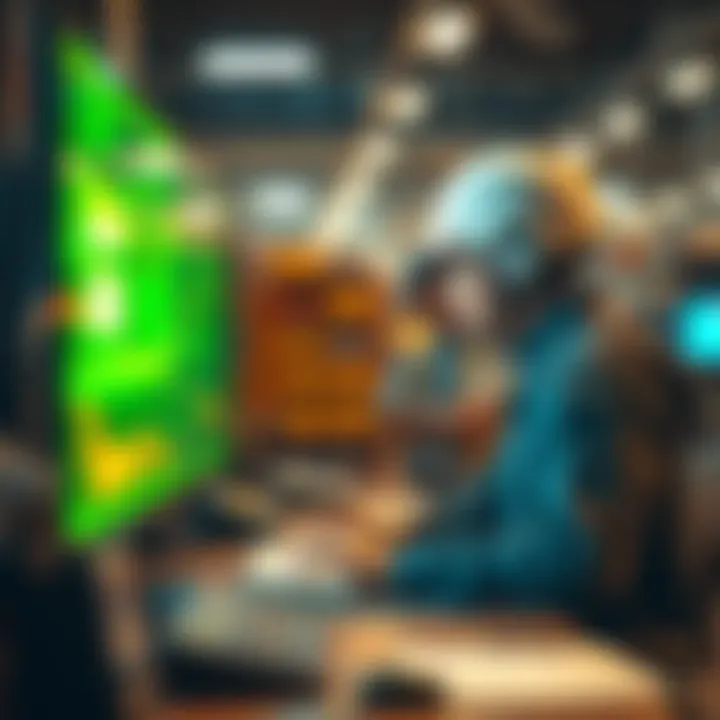 A person using a computer with AI graphics on the screen, representing the impact of AI on jobs