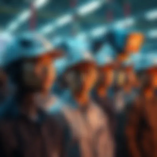 A group of workers looking worried as robots operate in the background, highlighting job loss due to automation in China.