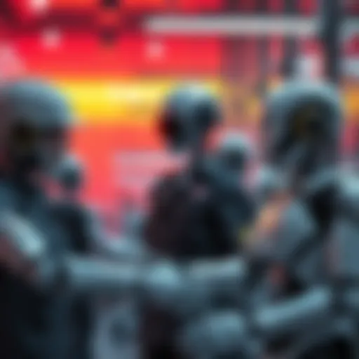 A scene depicting workers interacting with robots in a modern workplace, highlighting the impact of AI on jobs.