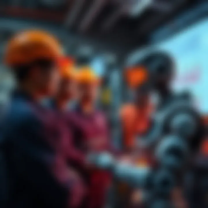 A group of workers engaged in a discussion with a robot while reviewing charts on a screen, highlighting industry innovation and job stability in China.
