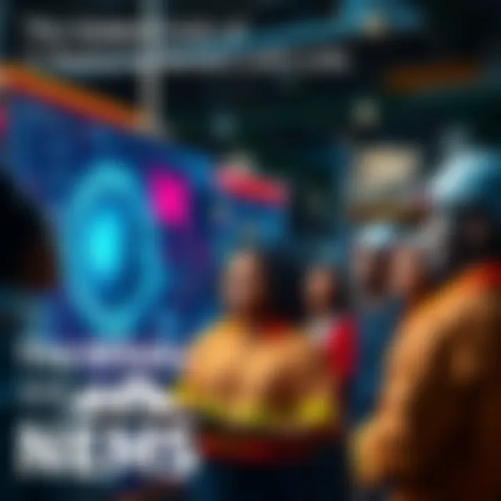 A diverse group of workers discussing with a large AI interface displaying data and graphs, symbolizing the impact of LLMs on human labor.